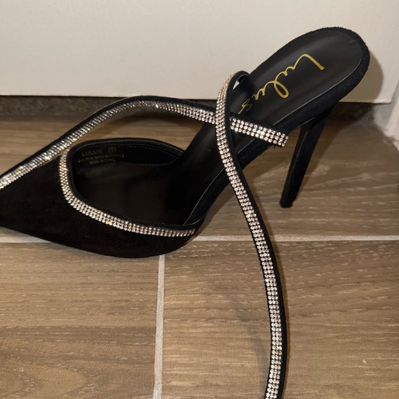 Lulus Luciee Black Satin Rhinestone Ankle Strap Heels Size 8 - Picture 5 of 8